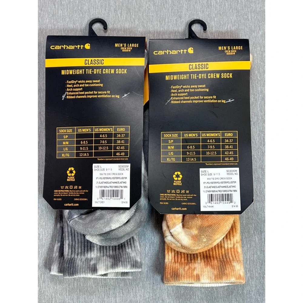 Carhartt 2 Pack Midweight Tie-Dye Crew Socks Mens Large Grey Khaki Mens 9-11.5